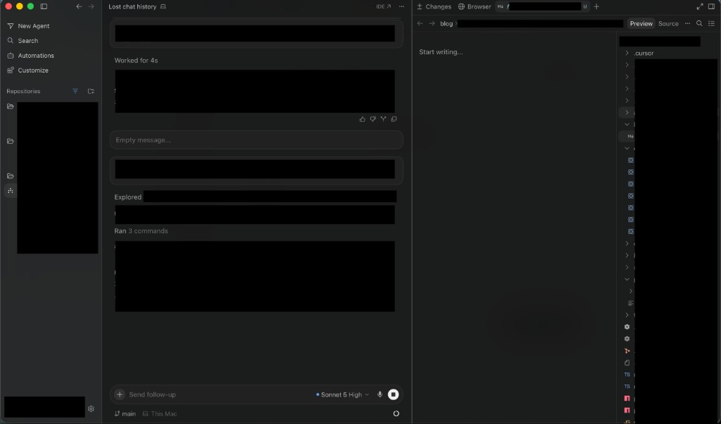 Agentフルスクリーン画面。中央に大きなチャット、右端にファイルツリー、右上に小さな「IDE ↗」ボタン